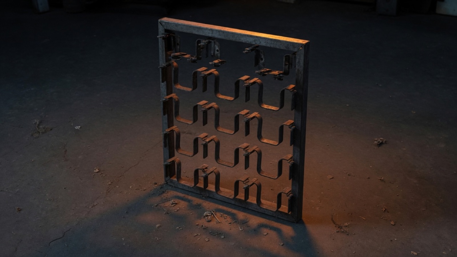 An empty metal antenna rack standing on a dark workshop floor