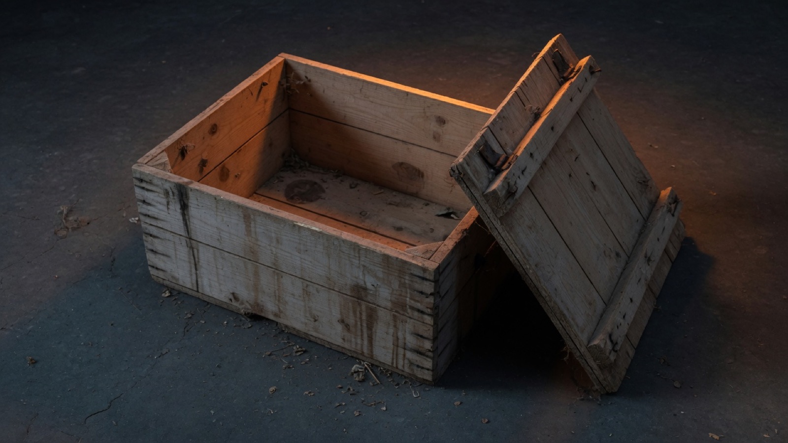 An empty wooden crate on a dark workshop floor